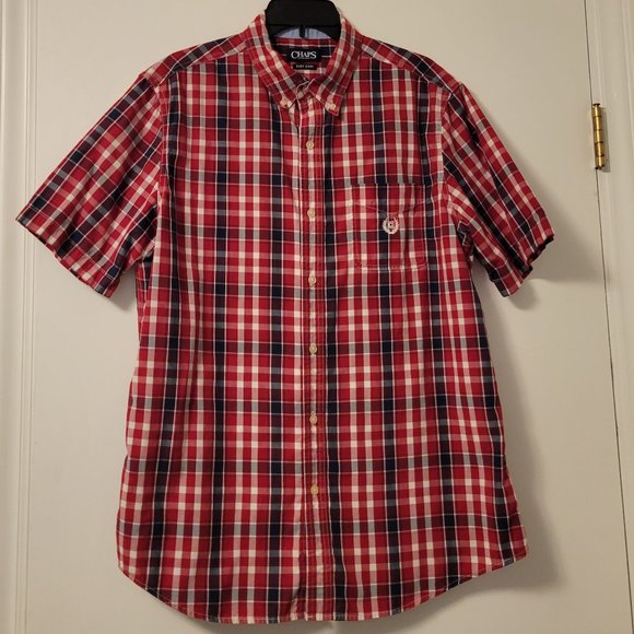Chaps Men's short sleeve red, navy & white plaid button up size: L - Picture 1 of 2